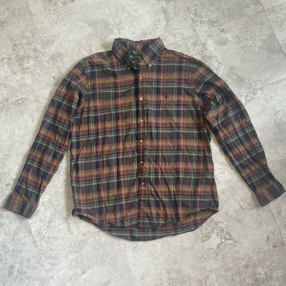 RALPH LAUREN OXFORD SHIRT MEN XL PLAID LONG SLEEVE BUTTON UP TAN NAVY GRN COTTON